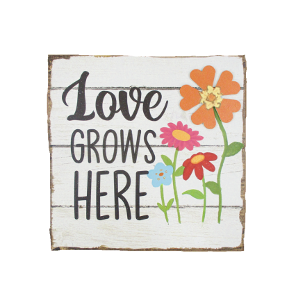 8" Wooden Square Box W/ Flowers- Love Grows Here