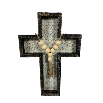 12" Embedded Beaded Rope Cross Decor - Black