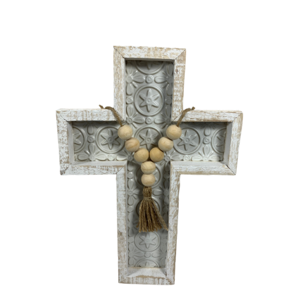 12" Embedded Beaded Rope Cross Decor - White