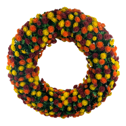 Mum Wreath 22" - UV Protected Burgundy / Orange / Yellow