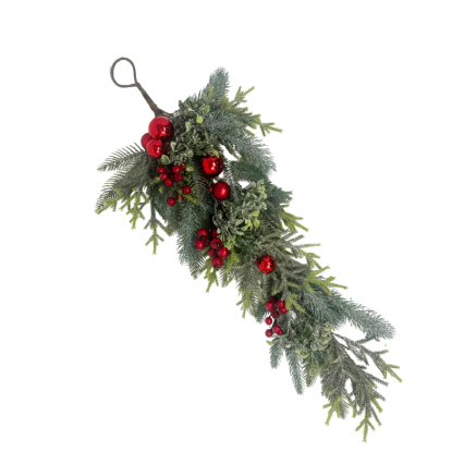 28" Frosted Greenery w/ Berries and Ornaments Teardrop