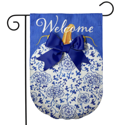 Blue Chinoiserie Pumpkin Burlap Garden Flag