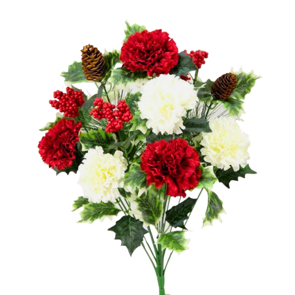 18" Red & White Carnations w/ Pine & Holly