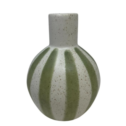 Green & White Speckled/Striped Stoneware Vase