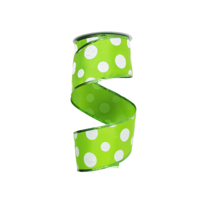 2.5"x10yd Lime Green with White Glitter Polka Dots Ribbon