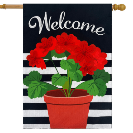 Potted Red Geraniums Burlap House Flag