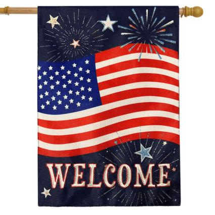 Celebrate America Burlap House Flag