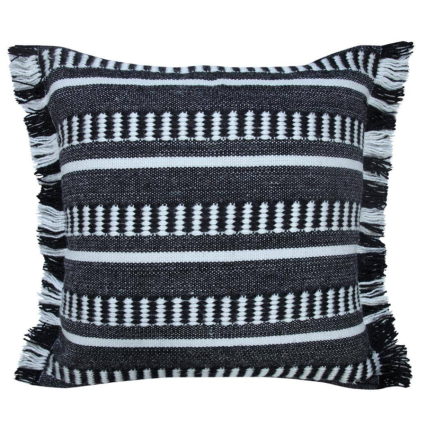 20" Jet Black & White Striped Indoor/Outdoor Pillow with Fringe