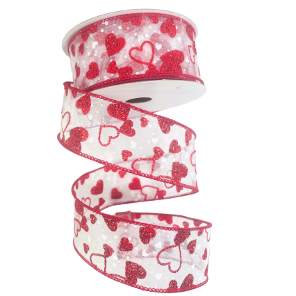 1.5" x 10yd Red Glitter Hearts on Sheer Ribbon