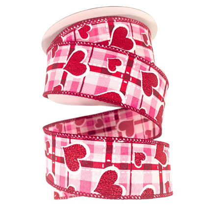 1.5" x 10yd Valentine Gingham Glitter Heart Ribbon