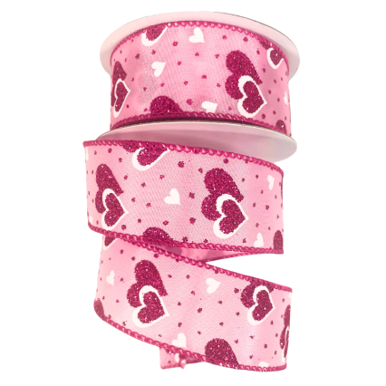 1.5" x 10yd White & Hot Pink Glitter Hearts on Pink Ribbon