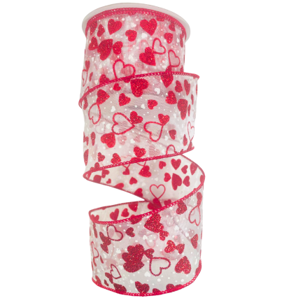 2.5" x 10yd Red Glitter Hearts on Sheer Ribbon