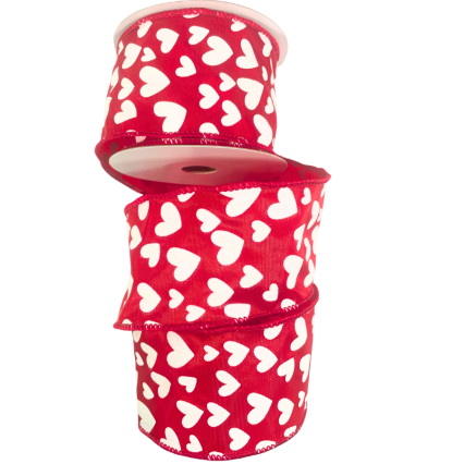 2.5" x 10yd White Glitter Hearts on Red Wired Ribbon