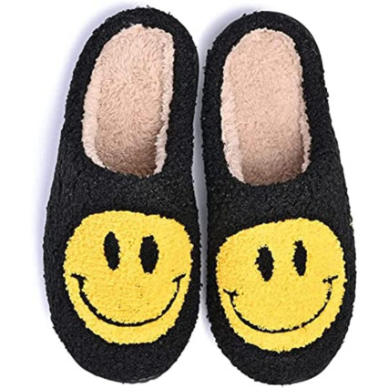 Smiley Face Slippers-Black-Large/XLarge