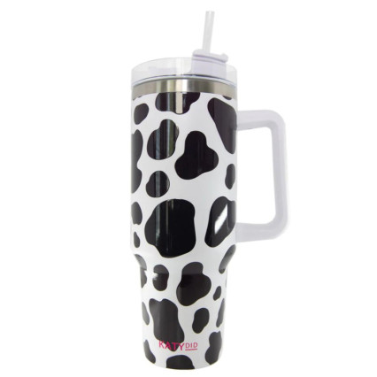 40oz Tumbler Cup with Handle - Black & White Cow Print