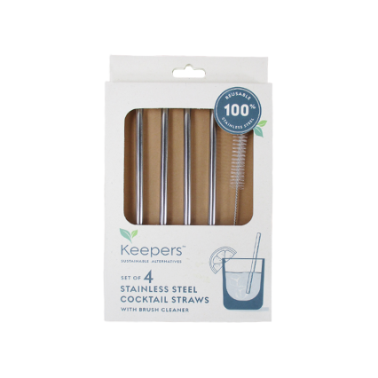 Keepers- 4 Set of Stainless Steel Cocktail Straws W/ Brush Cleaner