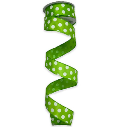 1.5"x10y Lime with White Polka Dot Satin Wired Edge Ribbon