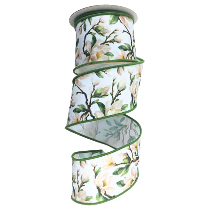 2.5" x 10yd Magnolia Ribbon w/ Green Edge