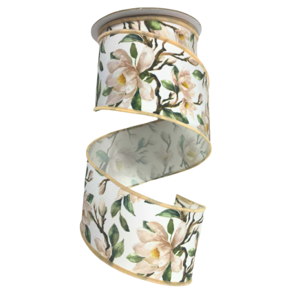 2.5" x 10yd Magnolia Ribbon w/ Tan Edge