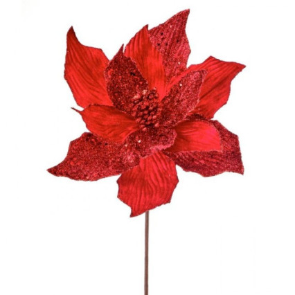 24" Velvet Beaded Poinsettia Stem-Red