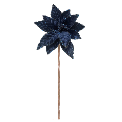 24" Sequin Edged Velvet Poinsettia Stem- Dark Blue