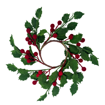 9" Flocked Holly & Berry Candle Ring