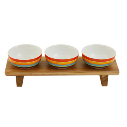 Footed Wood Board W/ 3 Ceramic Serape Bowls