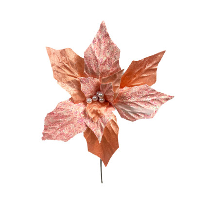 15" Velvet Glitter Coral Poinsettia Stem