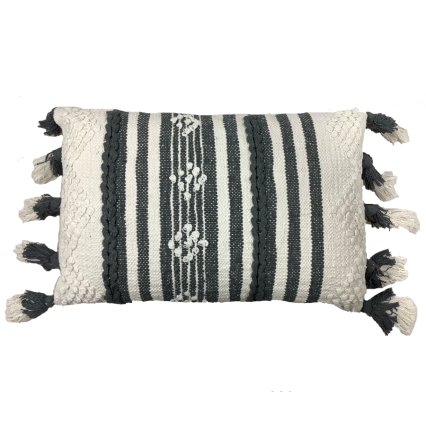 23" Cream & Slate Rectangle Pillow w/Tassels