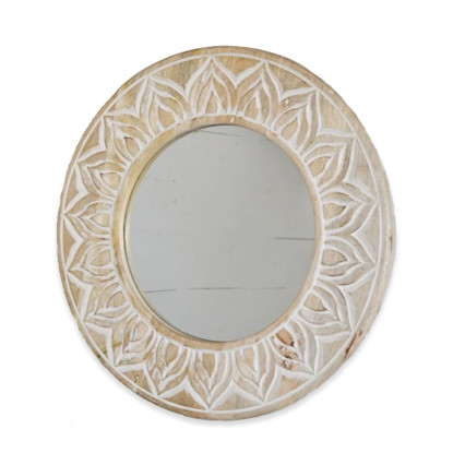 19" Round Carved Wood Mirror