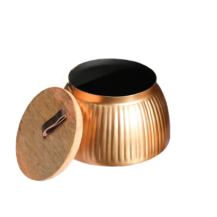 5" Brass Container With Wooded Lid
