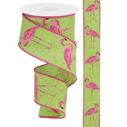 2.5" x 10 yd Flamingo on Green Ribbon