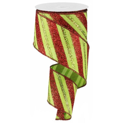 2.5" x 10yd Red & Green Diagonal Glitter Stripes on Green Ribbon