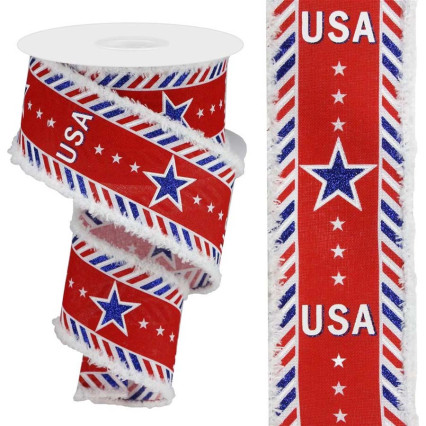 2.5" x 10yd USA on Red w/Diagonal Stripes Fluff Edge Ribbon