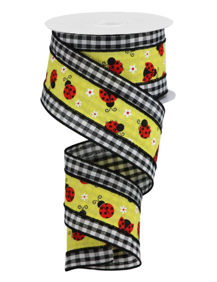 2.5" x 10yd 2 in 1 Ladybugs on Checkered Edge Ribbon