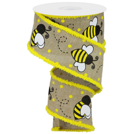 2.5" x 10yd Bumblebees on Natural with Yellow Fluff Edge Ribbon