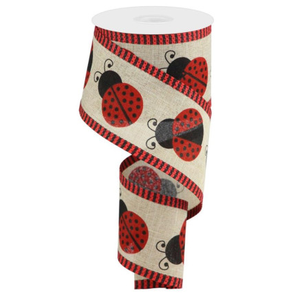 2.5" x 10yd Ladybugs on Natural with Red/Blk Stripe Border Ribbon