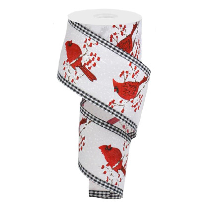 2.5x10yd Cardinals on White w/Gingham Edge Ribbon