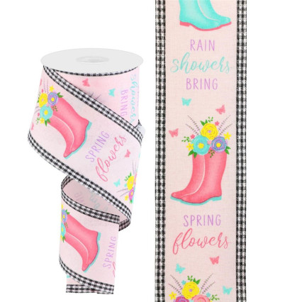 2.75" x 10yd Rainboot Floral with Gingham Edge Ribbon - Pink