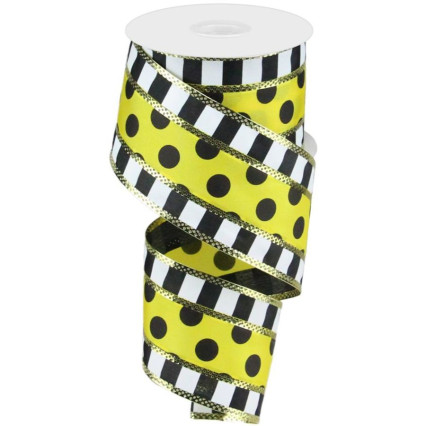 2.5" x 10yd Yellow Black Polka Dot w/Black White Stripe Edge Ribbon