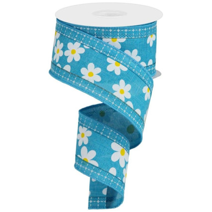 2.5" x 10yd 3-in-1 Blue Daisies w/Square Border Ribbon