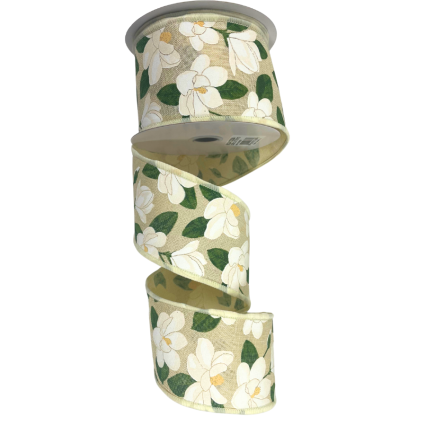 2.5" x 10yd Painted Magnolias on Natural Ribbon