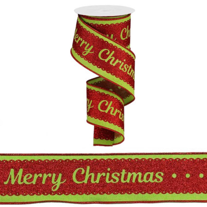 2.5"x10yd Merry Christmas Glitter w/Red Edge Ribbon