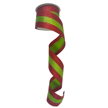 2.5" x10yd Red w/ Green Stripe Glitter Ribbon