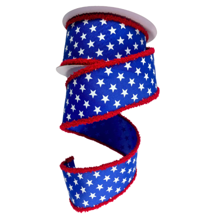 2.5" x 10yd White Stars w/ Red Fuzzy Border Ribbon