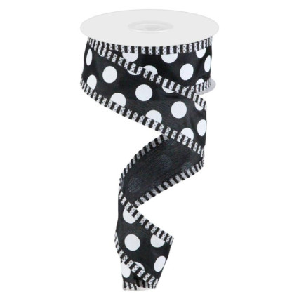 1.5"x10yd Large Polka Dots w/Striped Edge Ribbon - Black & White