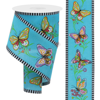 2.5" x 10yd Butterflies on Blue w/Stripe Edge Ribbon