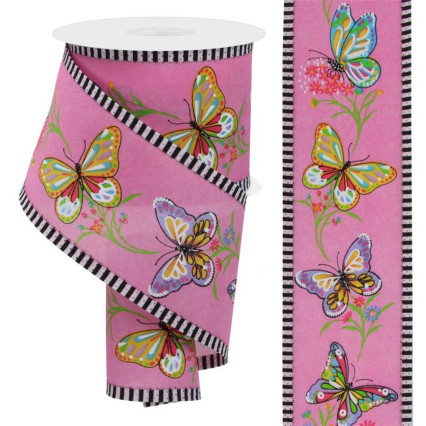 2.5" x 10yd Butterflies on Pink w/Stripe Edge Ribbon