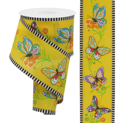 2.5" x 10yd Butterflies on Yellow w/Stripe Edge Ribbon