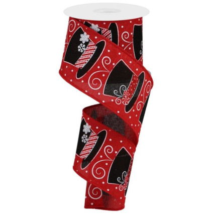 2.5" x 10yd Snowman Top Hats on Red Ribbon